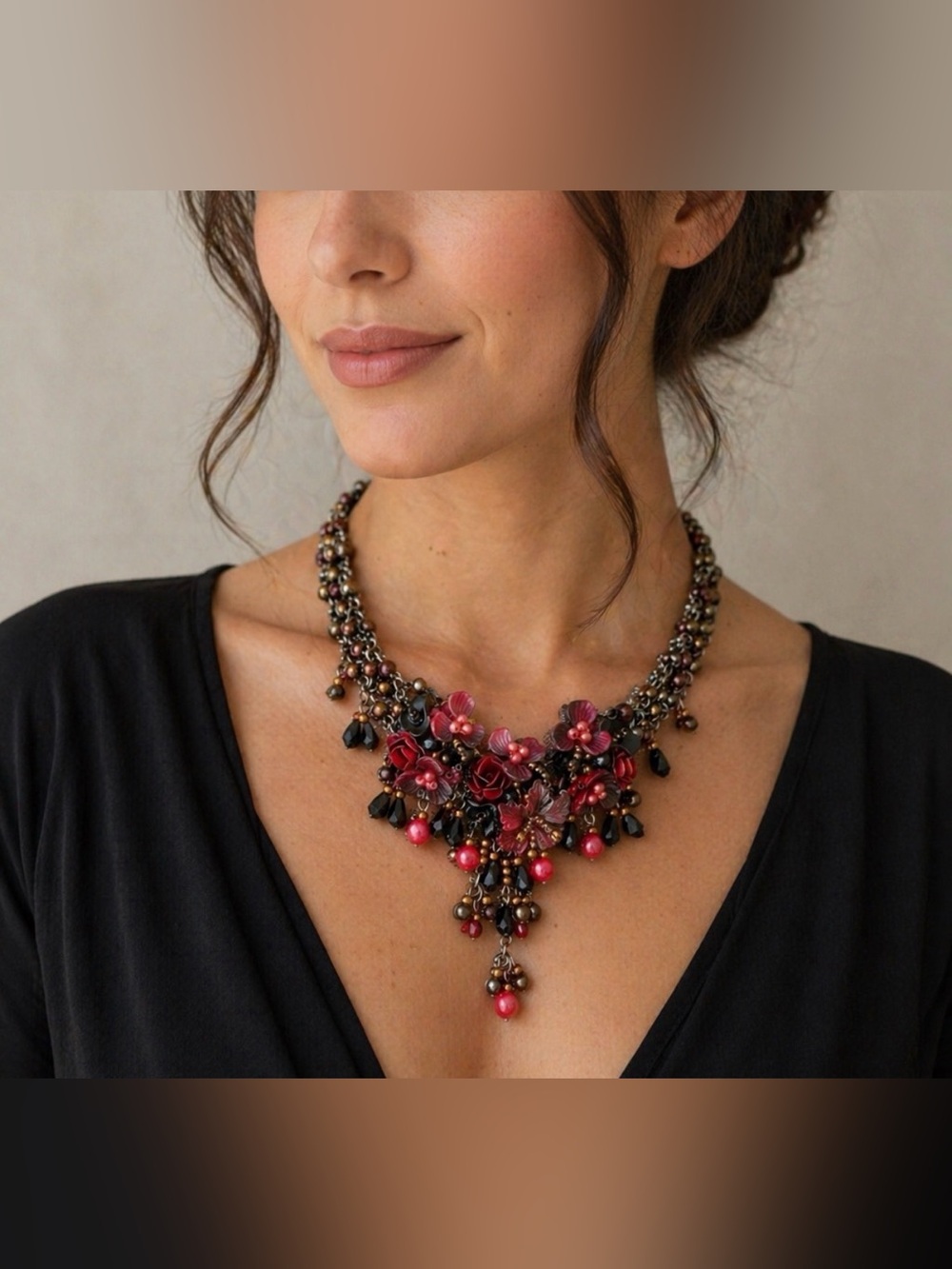 Colleen Toland Vintage  Floral Statement Necklace in Red and Black